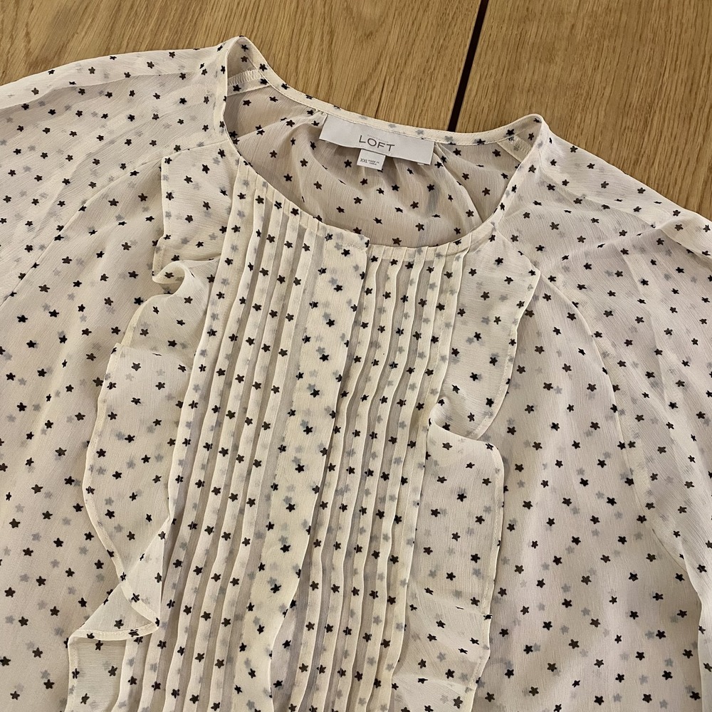 Ann Taylor Loft Star ruffle blouse Women's 2XL Ivory black long sleeve